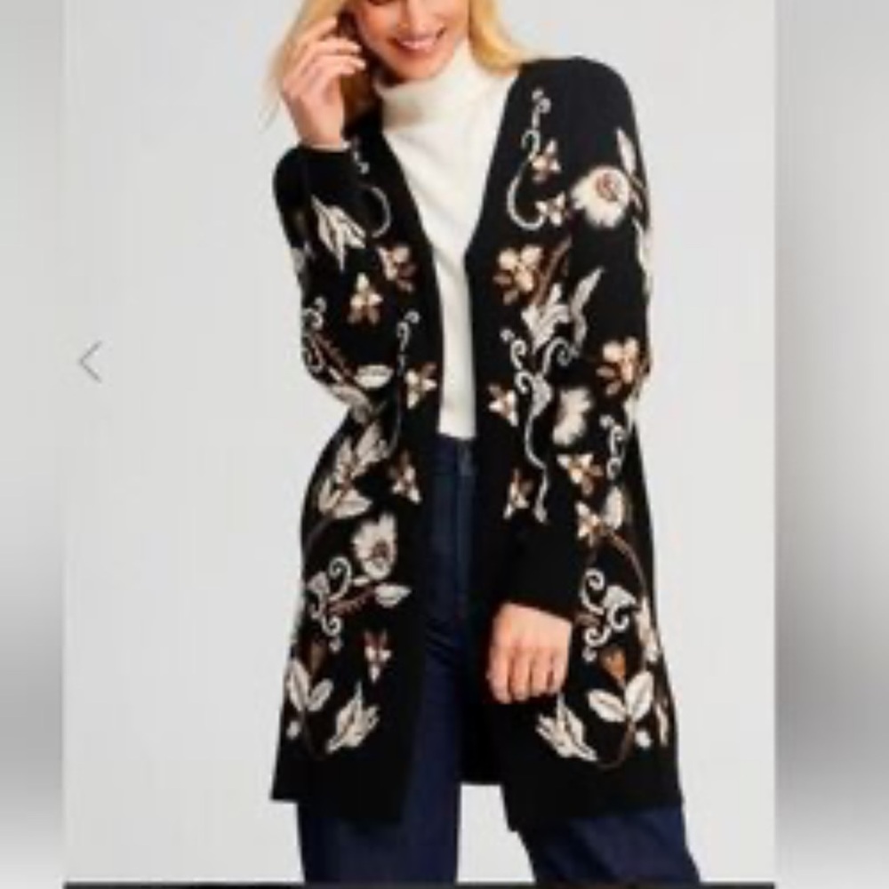 Chico’s Global Fusion Embroidered Floral Open-Front Cardigan Sweater Black Sz 2